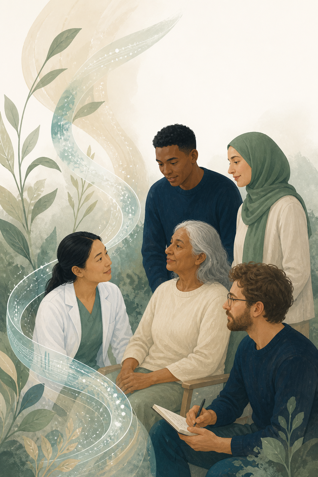 Illustration of people and clinicians gathered around a flowing health data ribbon, representing human-centred AI in care