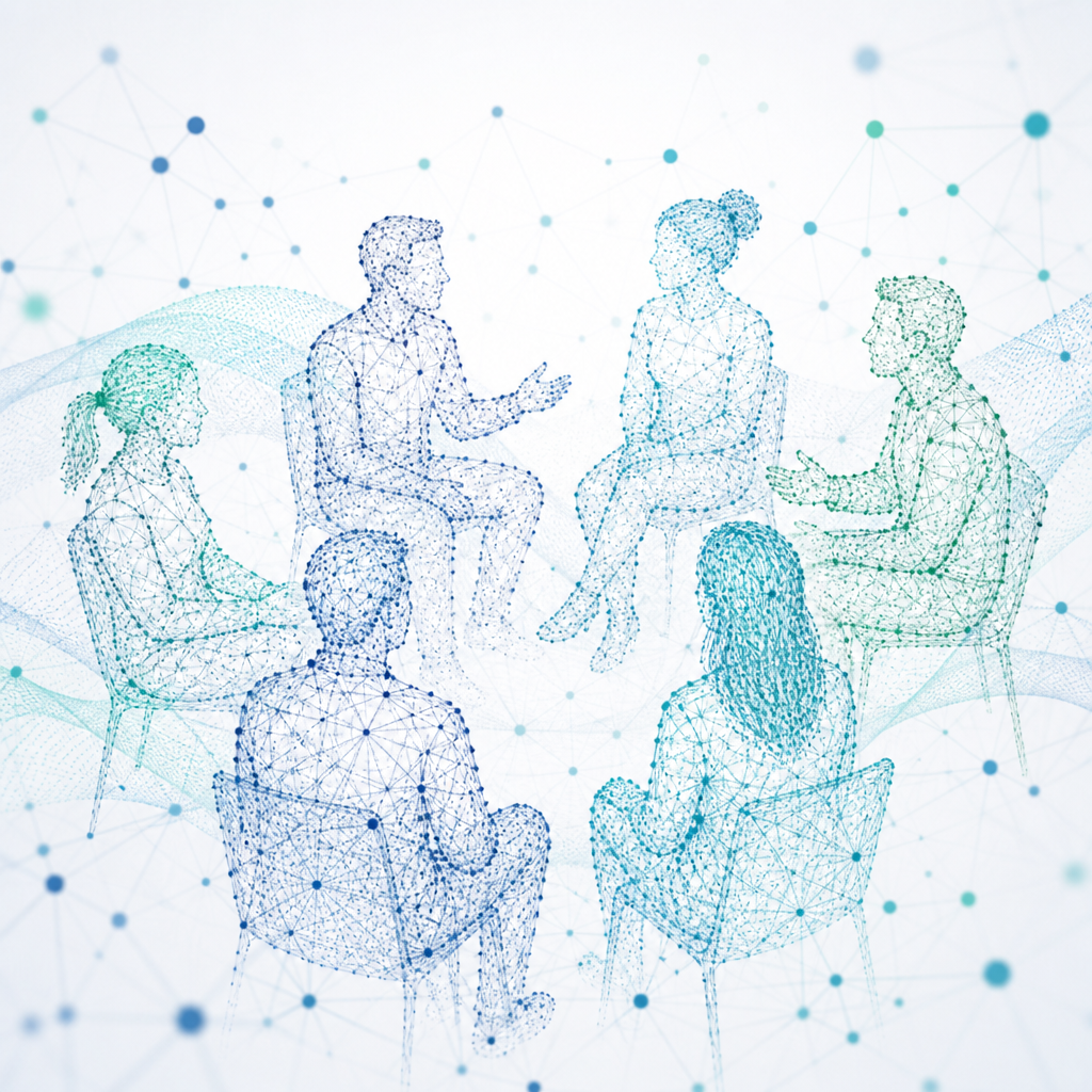 Community circle of connected figures representing public engagement
