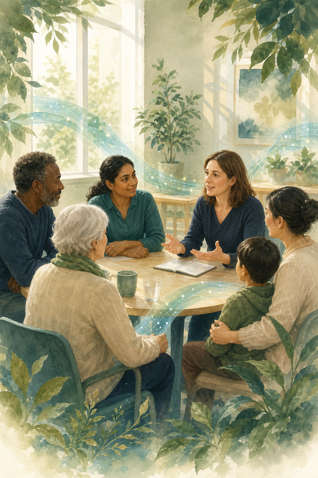 Diverse people and a researcher talking together around a table, representing patient and public involvement in research