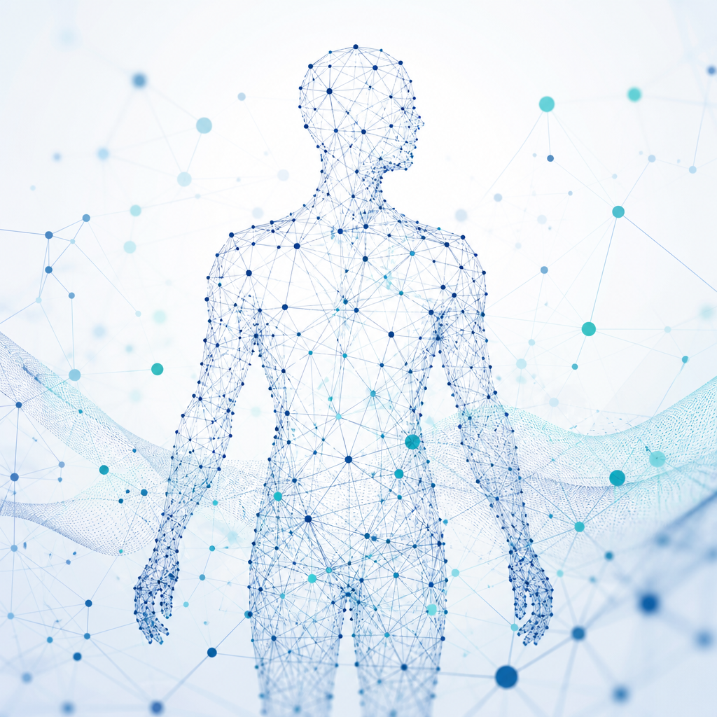 Network of data nodes forming a human silhouette for AI and digital phenotyping